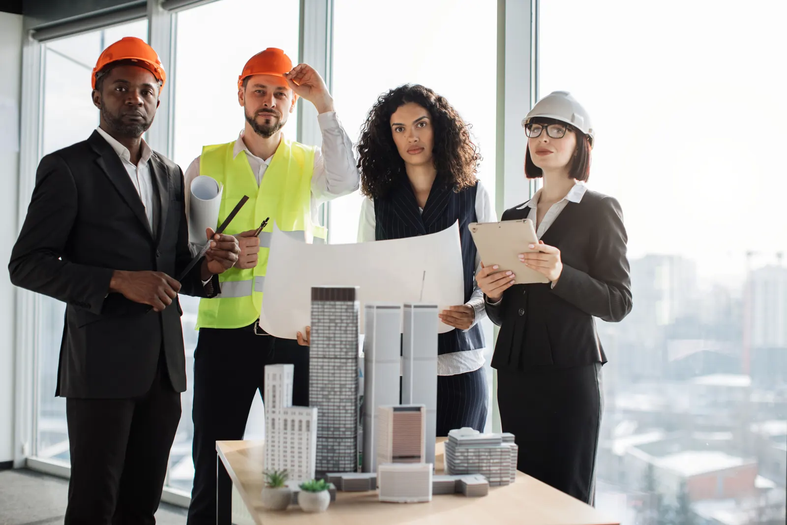 Ingénieurs et architectes en casque autour d'une maquette